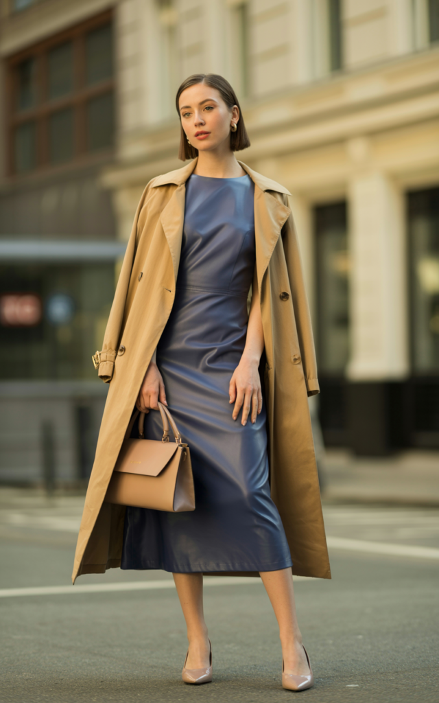 A natural-looking young beautiful woman wearing a fitted midi dress layered with a beige trench coat, pointed flats, a structured handbag, and sleek polished hair.