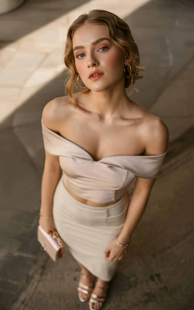 A natural-looking young beautiful woman wearing a bodycon midi skirt, an off-shoulder top, strappy sandals, a mini handbag, soft waves hairstyle, and romantic makeup.