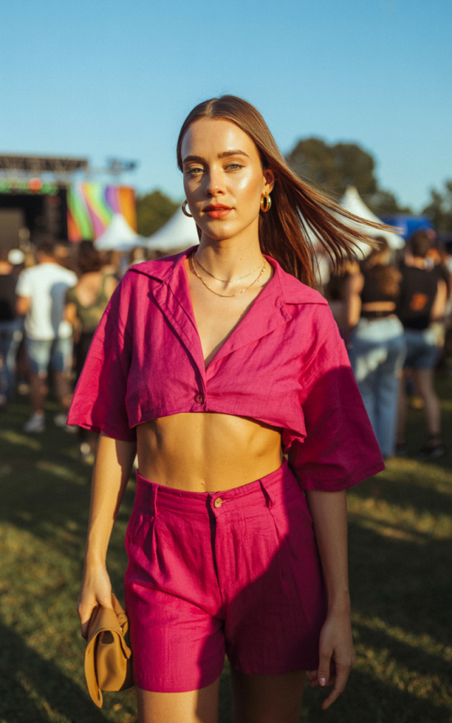 A natural-looking young beautiful woman wearing a bold fuchsia monochrome linen crop top and matching high-waisted shorts set, neutral sandals, minimal jewelry, and sleek straight hair at a sunny music festival.
