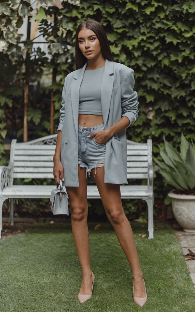 A natural-looking young beautiful woman wearing an oversized blazer over a fitted crop top, tiny denim shorts, pointed heels, a mini handbag, and sleek straight hair.