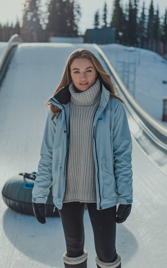 A natural-looking young beautiful woman wearing a chunky knit turtleneck sweater layered under a lightweight waterproof shell jacket with thermal leggings, waterproof boots, and a warm scarf on a snowy tubing hill.