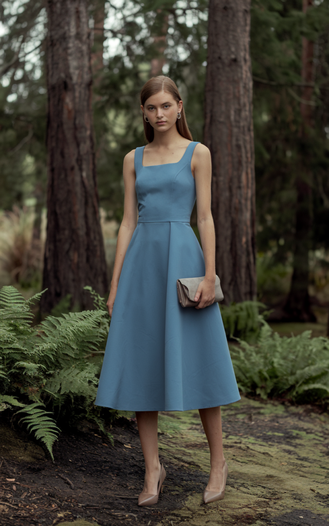 A natural-looking young beautiful woman wearing a structured crepe midi dress with a square neckline, pointed heels, a slim clutch, minimal earrings, and sleek straight hair.