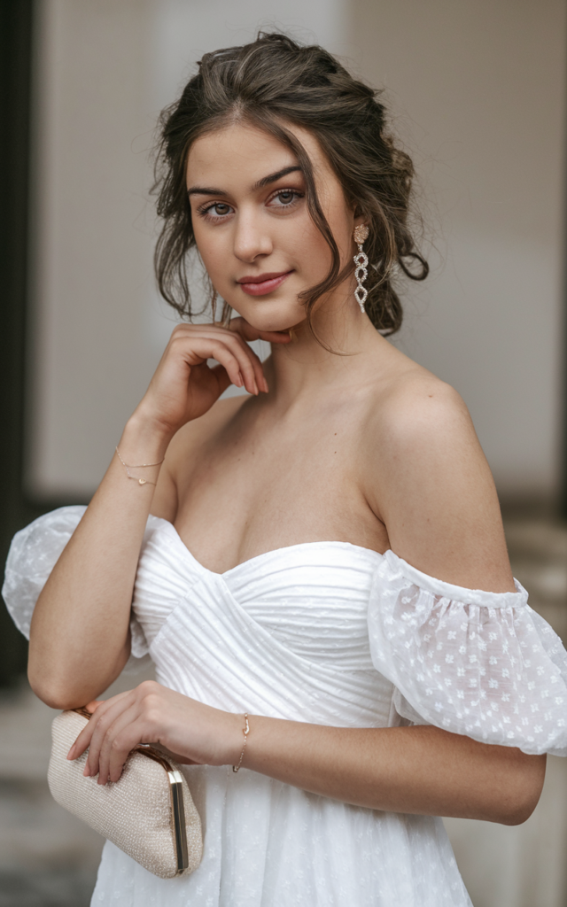 A natural-looking young beautiful woman wearing a romantic white off-shoulder dress with delicate drop earrings, elegant heels, and a soft clutch, styled with loose curls for a graceful graduation look