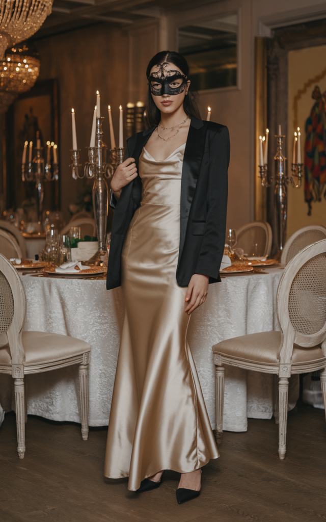 A natural-looking young beautiful woman wearing a fitted satin gown layered with a structured tailored black blazer, a minimalist masquerade mask, and pointed evening heels.