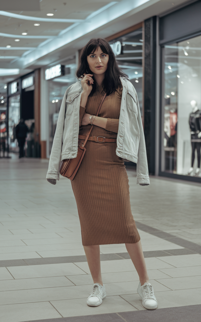 A natural-looking young beautiful woman wearing a ribbed knit midi dress, classic white sneakers, a light denim jacket, a crossbody bag, and simple jewelry for a comfortable yet stylish mall day outfit