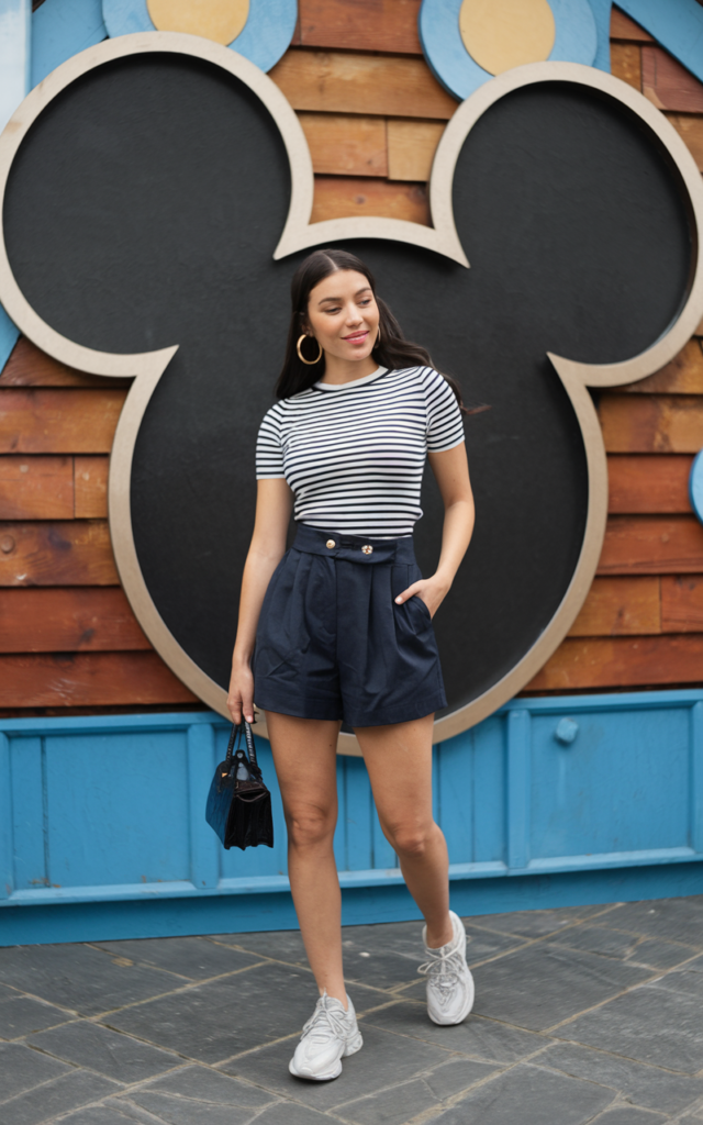 A natural-looking young beautiful woman wearing tailored high-waisted shorts with a tucked-in striped tee, white sneakers, bold gold hoop earrings, and a small structured bag for a chic Disney-inspired outfit.