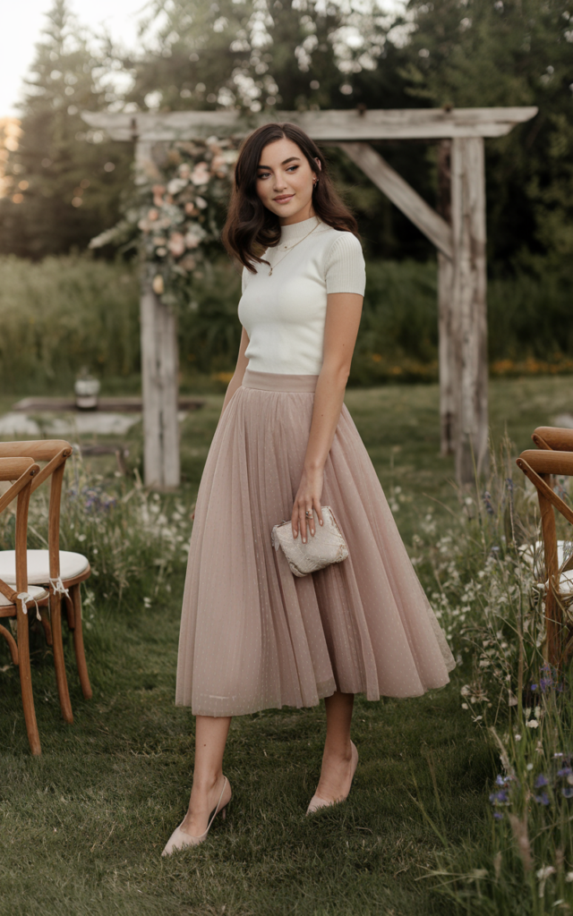 A natural-looking young beautiful woman wearing a voluminous tulle midi skirt paired with a fitted ivory knit top, pointed heels, delicate jewelry, and a small clutch bag for a dreamy spring wedding guest outfit