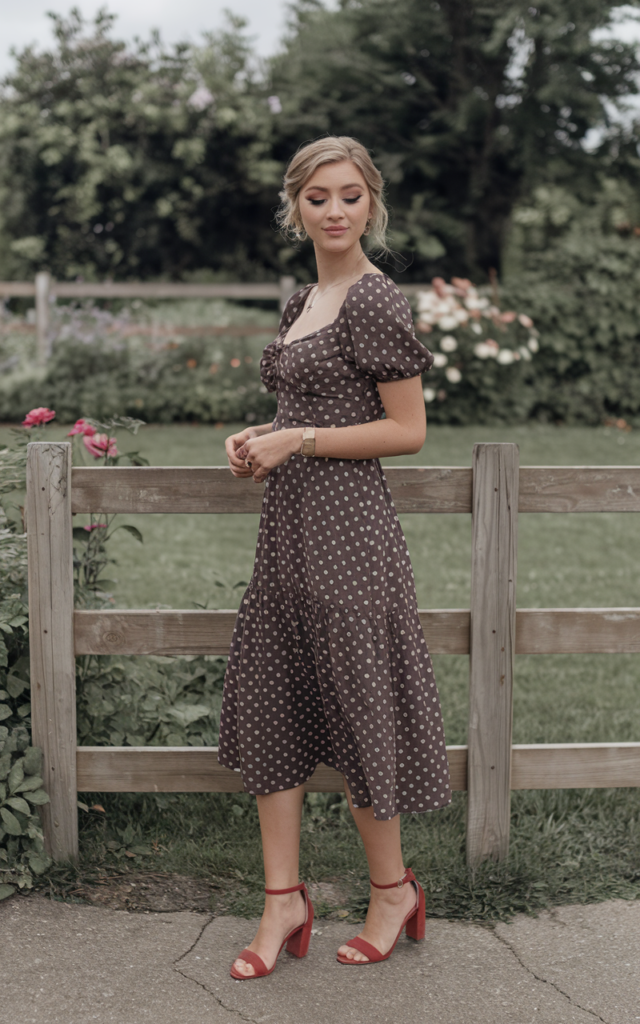 A natural-looking young beautiful woman wearing a polka dot midi dress with red strappy heels, neutral accessories, subtle winged eyeliner, and softly styled hair.