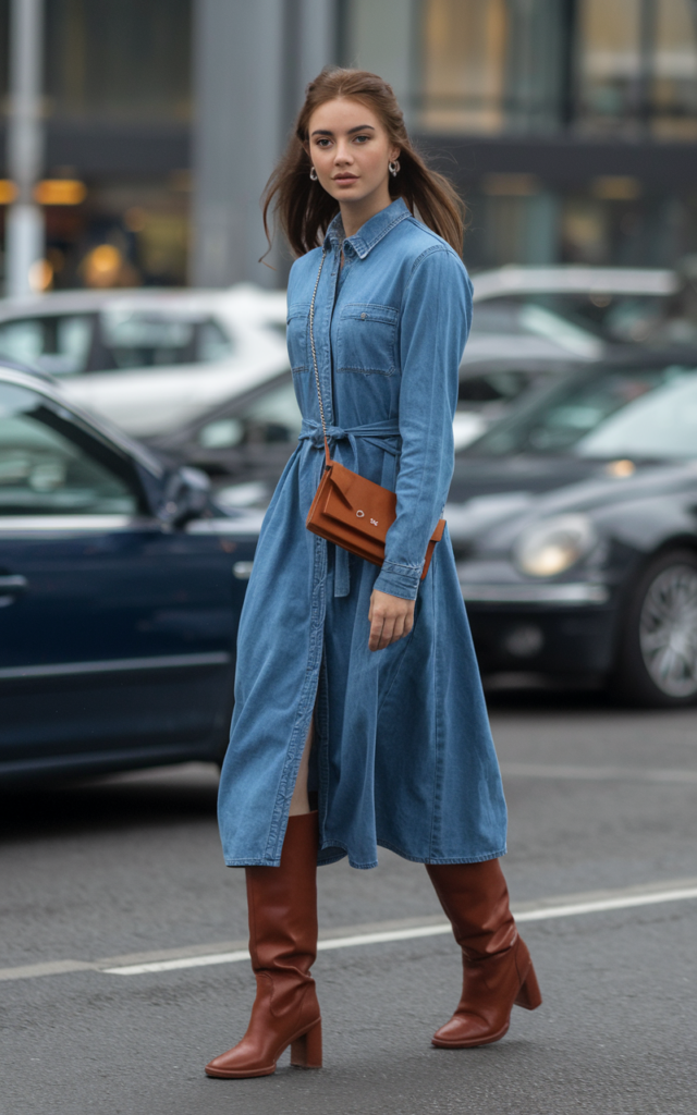 A natural-looking young beautiful woman wearing a belted denim midi dress with tall leather boots and a crossbody bag.
