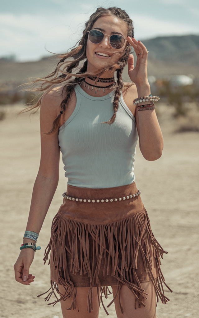 A natural-looking young beautiful woman wearing a fitted tank tucked into a fringe mini skirt, statement ankle boots, stacked bracelets, sunglasses, and carefree festival hair in a desert backdrop.