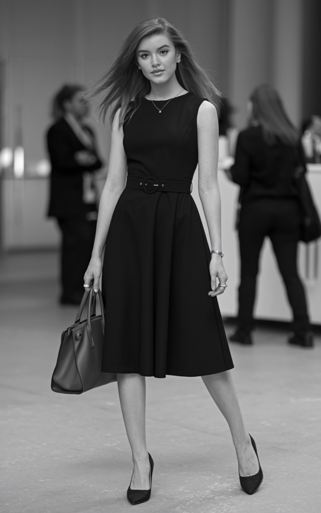 A natural-looking young beautiful woman wearing a minimalist knee-length black dress with a belt at the waist, classic pumps, delicate jewelry, and carrying a leather handbag for an elegant career fair look.