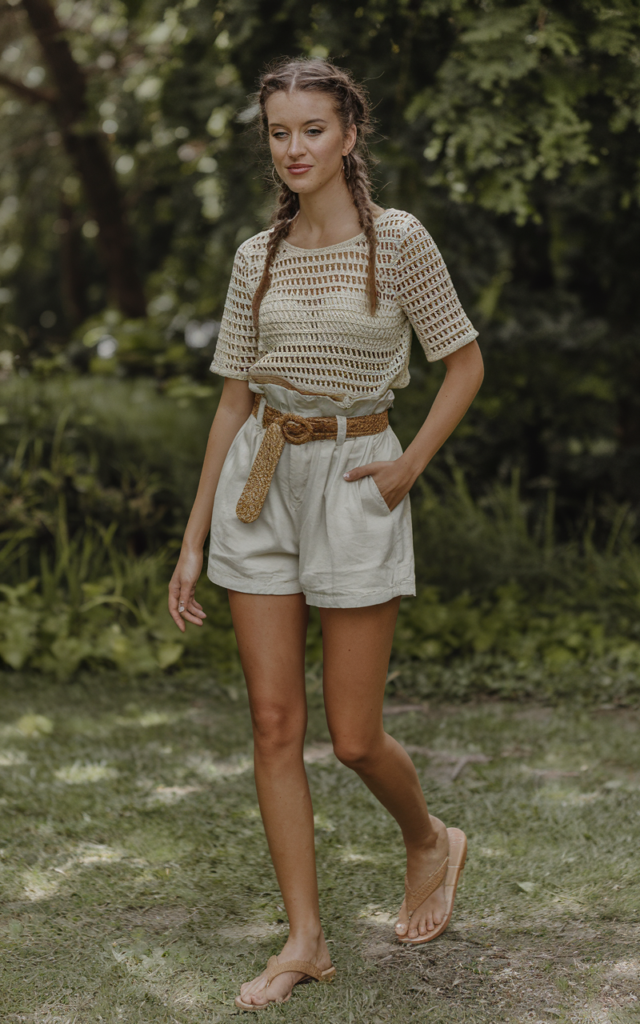 A natural-looking young beautiful woman wearing a tucked crochet blouse styled with paperbag waist shorts, flat sandals, a woven belt, and a low ponytail hairstyle.