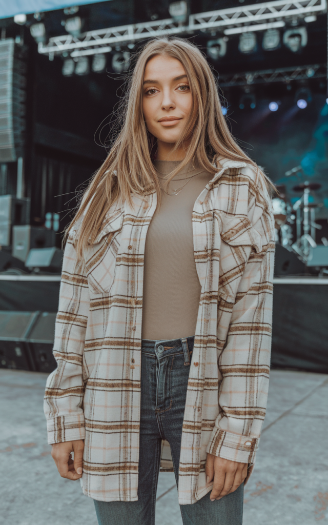 A natural-looking young beautiful woman wearing a plaid shacket layered over a fitted basic tee with skinny jeans, ankle boots, slightly rolled sleeves, loose natural hair, and light makeup, styled for a Lauren Spencer Smith concert.