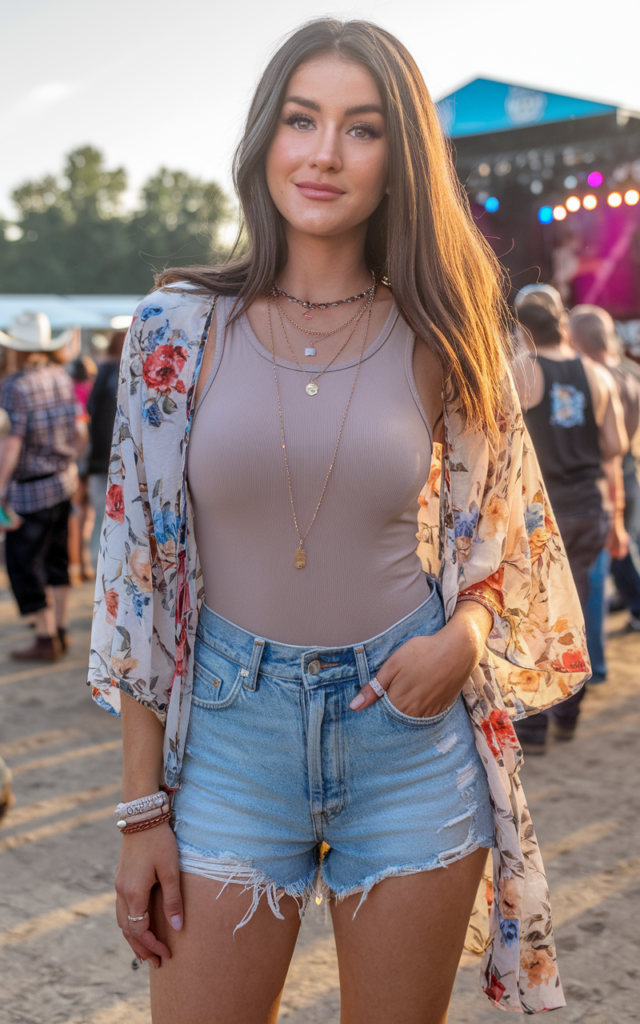 A natural-looking young beautiful woman wearing denim shorts and a fitted tank top layered with a lightweight floral kimono, ankle boots, layered necklaces, and natural sun-kissed makeup for a summer country concert outfit
