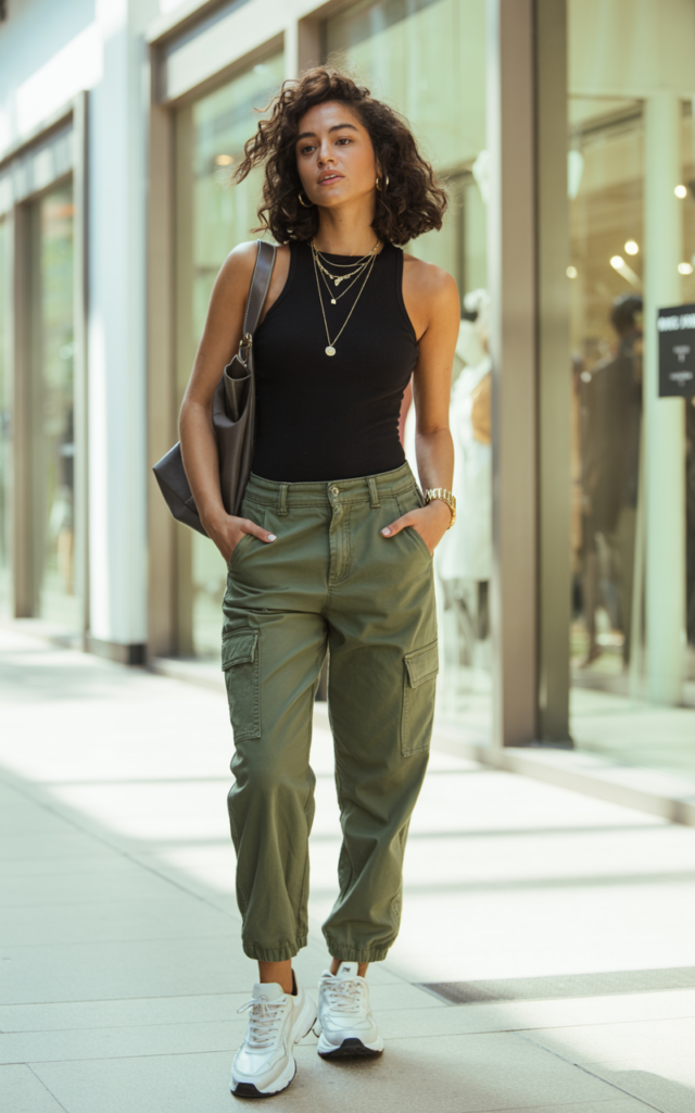 A natural-looking young beautiful woman wearing relaxed olive cargo pants, a fitted black bodysuit, chunky sneakers, layered necklaces, and a shoulder bag for an edgy street-style mall outfit