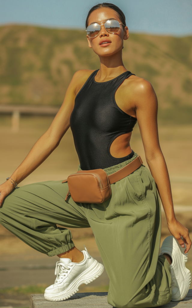 A natural-looking young beautiful woman wearing a sleek cut-out bodysuit with relaxed parachute pants, a belt bag at the waist, sporty sunglasses, platform sneakers, and confident festival styling.