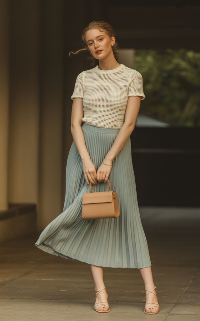 A natural-looking young beautiful woman wearing a fitted crochet tee fully tucked into a pleated midi skirt, strappy sandals, and carrying a small top-handle handbag.