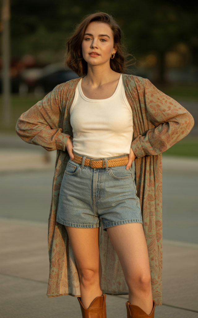 A natural-looking young beautiful woman wearing a tucked-in neutral tank with high-rise denim shorts layered under a long lightweight Western-print duster, a belt, and mid-calf boots.