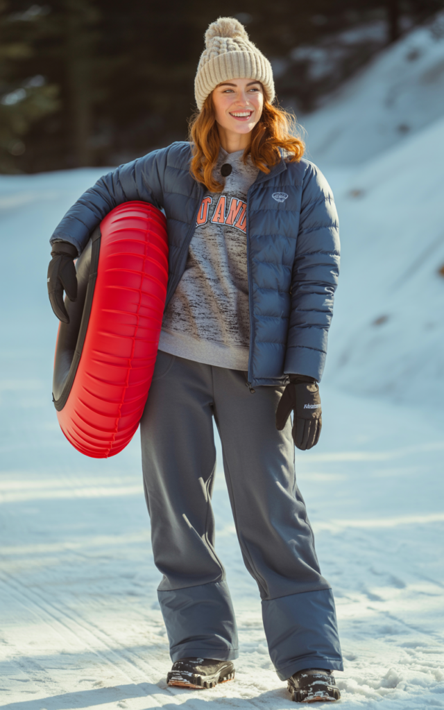 A natural-looking young beautiful woman wearing a cozy graphic sweatshirt with fleece-lined joggers, a lightweight insulated jacket, snow boots, and a knit beanie while holding a snow tube.