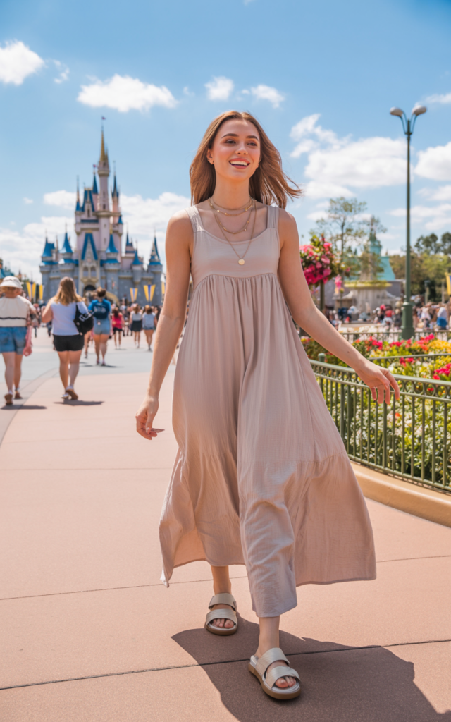 A natural-looking young beautiful woman wearing a breezy flowy maxi dress in lightweight fabric, cushioned flat sandals, delicate layered necklaces, and soft glowing makeup at a sunny Disney park.