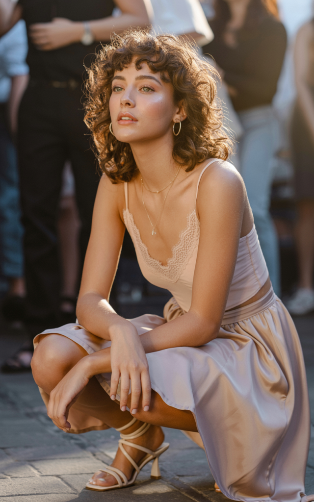 A natural-looking young beautiful woman wearing a lace-trim cami tucked into a flowy high-waisted midi skirt, delicate strappy sandals, minimal jewelry, soft curls, and glowing skin makeup, styled for a Lauren Spencer Smith concert.