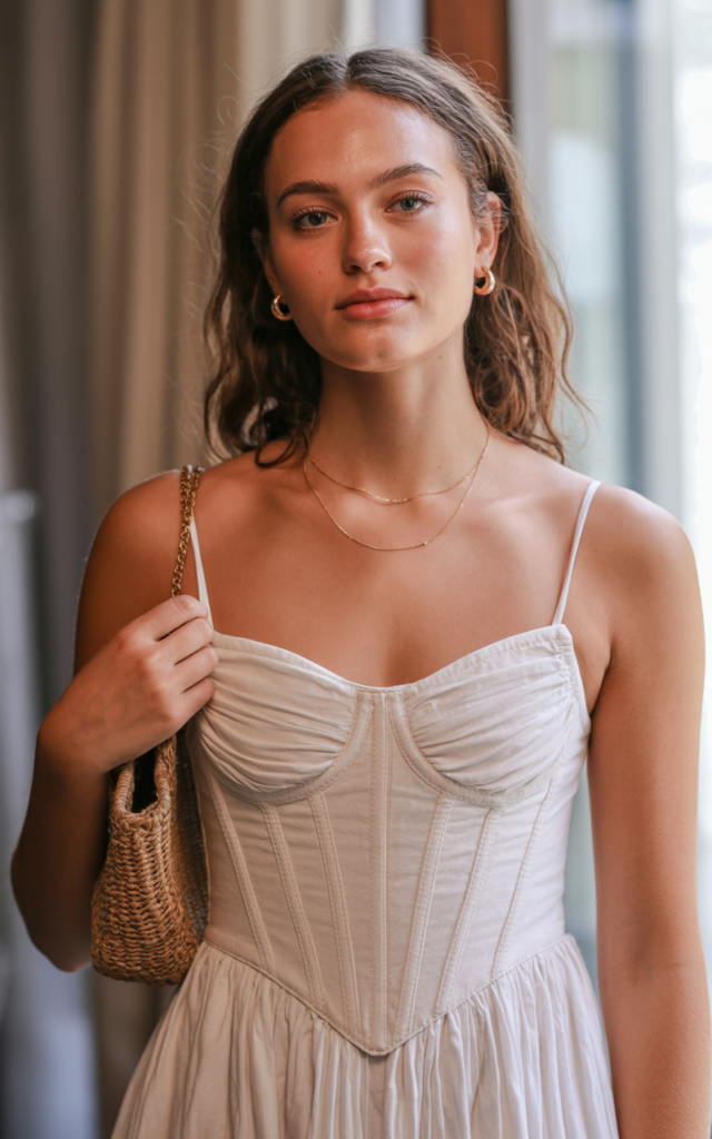 A natural-looking young beautiful woman wearing a corset-style dress in breathable cotton blend fabric, delicate strappy sandals, a small clutch, and minimal jewelry with natural waves.