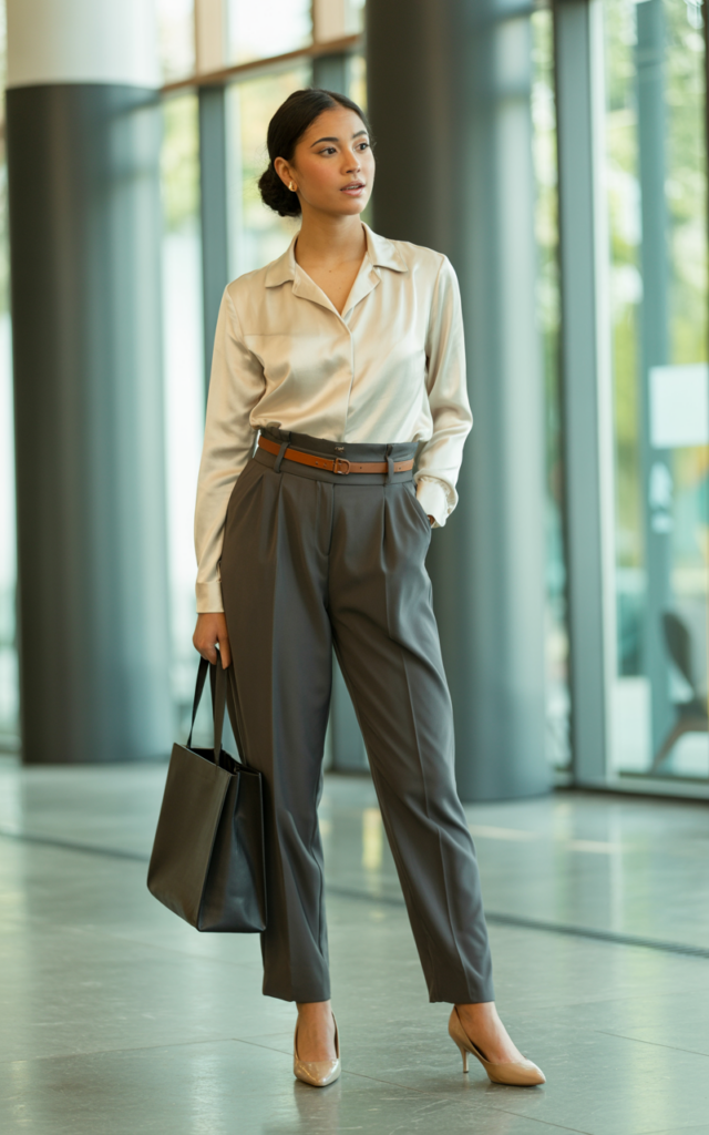 A natural-looking young beautiful woman wearing paperbag waist trousers with a silk blouse tucked in, a slim belt accentuating the waist, kitten heels, and a structured tote bag for a modern career fair outfit.