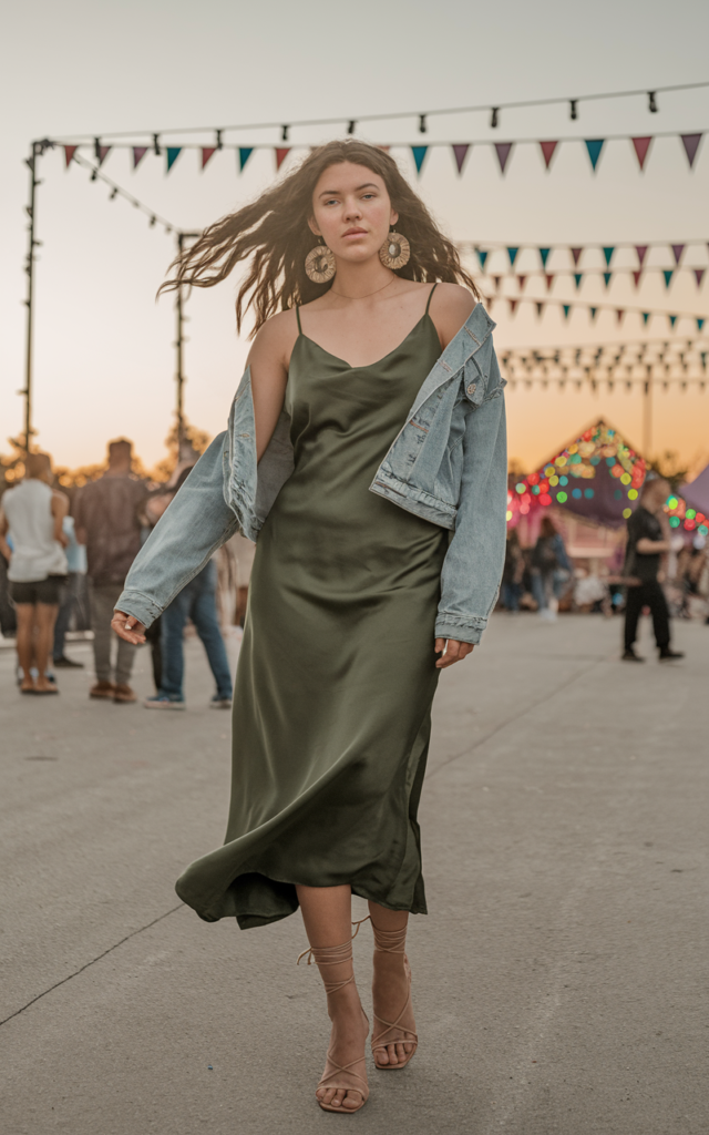 A natural-looking young beautiful woman wearing a silky emerald slip dress layered with a cropped denim jacket, strappy sandals, bold statement earrings, and loose waves during a sunset festival moment.