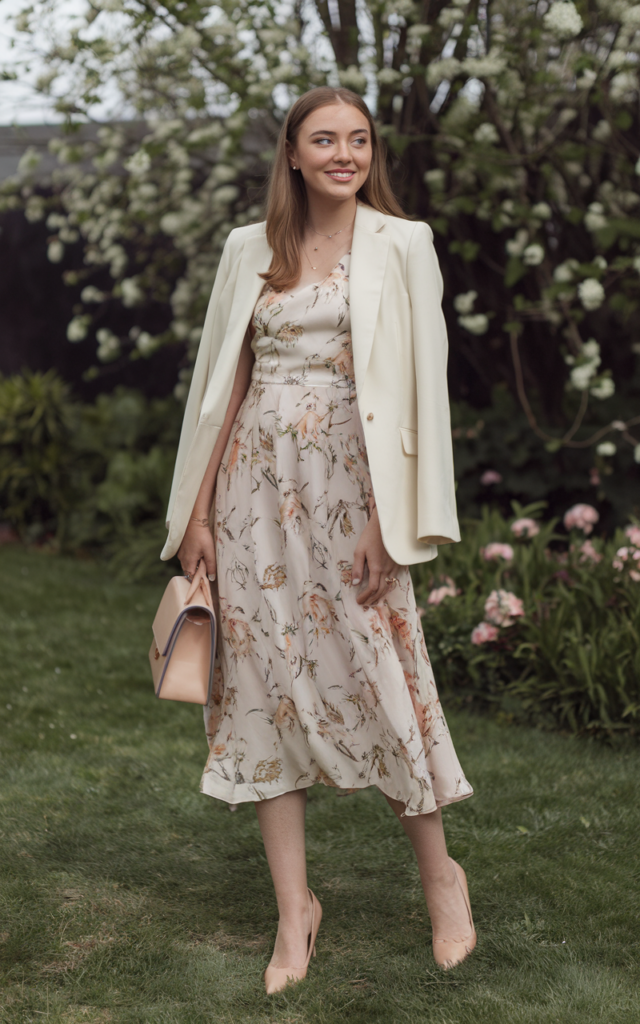 A natural-looking young beautiful woman wearing a floral midi dress layered with a cream lightweight blazer, pointed-toe heels, minimal gold jewelry, and a structured handbag for a polished spring wedding guest outfit
