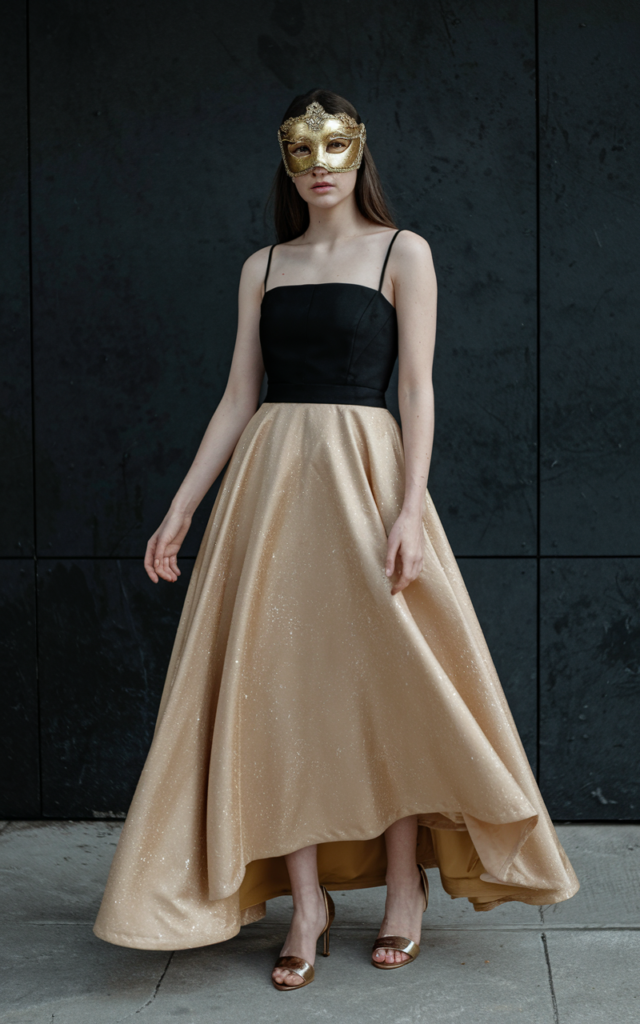 A natural-looking young beautiful woman wearing a black-and-gold two-tone floor-length gown, a coordinating gold masquerade mask, minimal accessories, and polished evening heels.