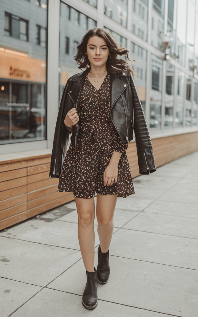 A natural-looking young beautiful woman wearing a flirty printed mini dress layered under a cropped leather jacket, ankle boots, and softly curled hair with a confident expression.