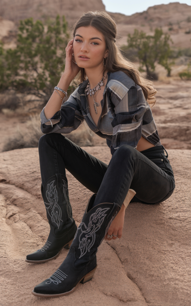 A natural-looking young beautiful woman wearing black skinny jeans tucked into embroidered statement cowboy boots, a fitted Western shirt, and silver or turquoise jewelry.