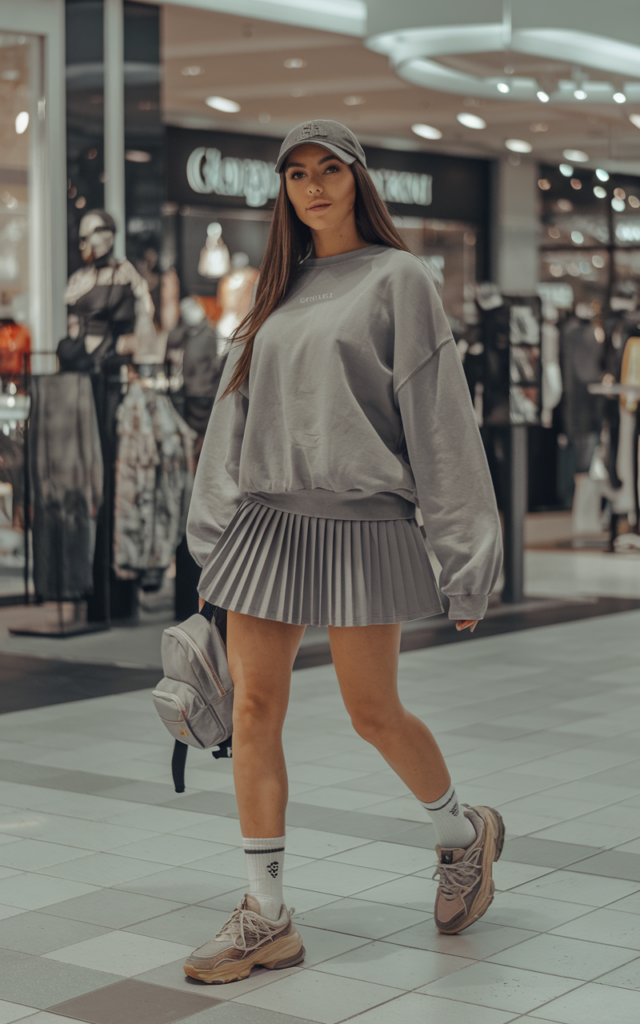 A natural-looking young beautiful woman wearing a pleated tennis skirt, an oversized cozy sweatshirt, crew socks, chunky sneakers, and a baseball cap with a mini backpack for a sporty playful mall outfit