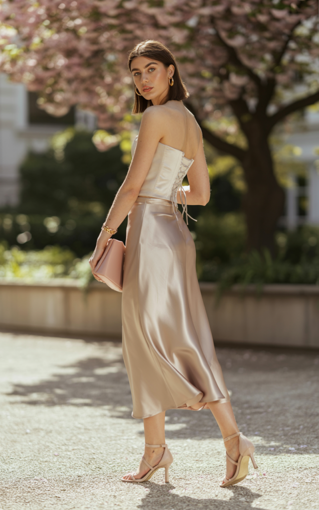 A natural-looking young beautiful woman wearing a satin midi skirt with a structured corset-style top, strappy heels, a sleek clutch bag, and minimal jewelry for a fashion-forward spring wedding guest look