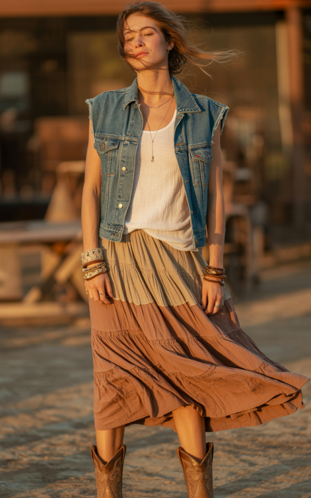 A natural-looking young beautiful woman wearing a flowy tiered maxi skirt with a simple tank top layered under a denim vest, stacked bracelets, and weathered cowboy boots.