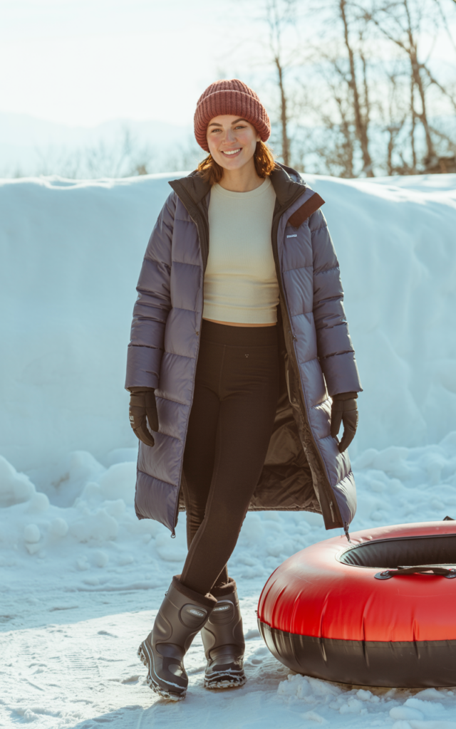 A natural-looking young beautiful woman wearing a longline knee-length puffer coat over a fitted thermal top and fleece leggings, heavy traction snow boots, and a knit hat while standing beside a snow tube.