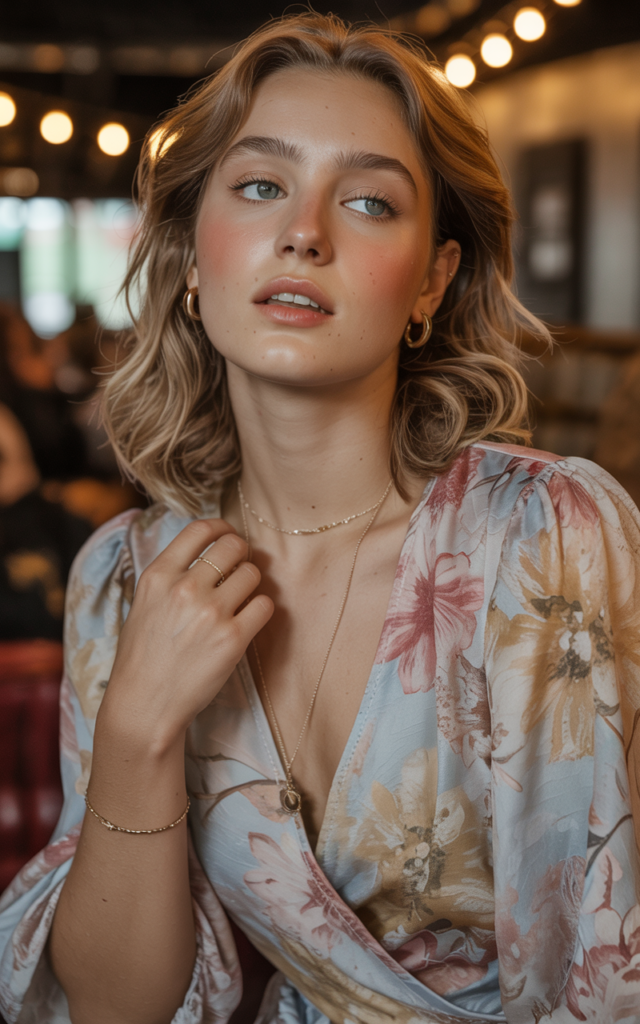A natural-looking young beautiful woman wearing a small floral wrap dress with suede ankle boots, delicate jewelry, soft wavy hair, and natural radiant makeup, styled for a Lauren Spencer Smith concert.