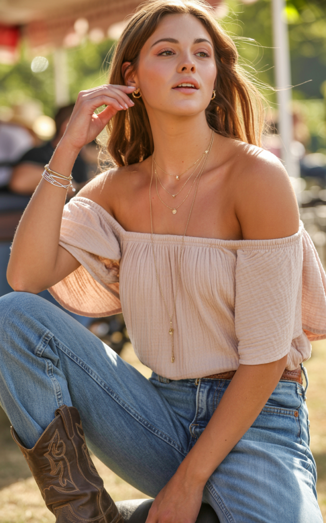A natural-looking young beautiful woman wearing bootcut denim jeans paired with a breezy off-shoulder cotton top, cowboy boots, delicate layered necklaces, and natural glowing makeup for a summer country concert outfit
