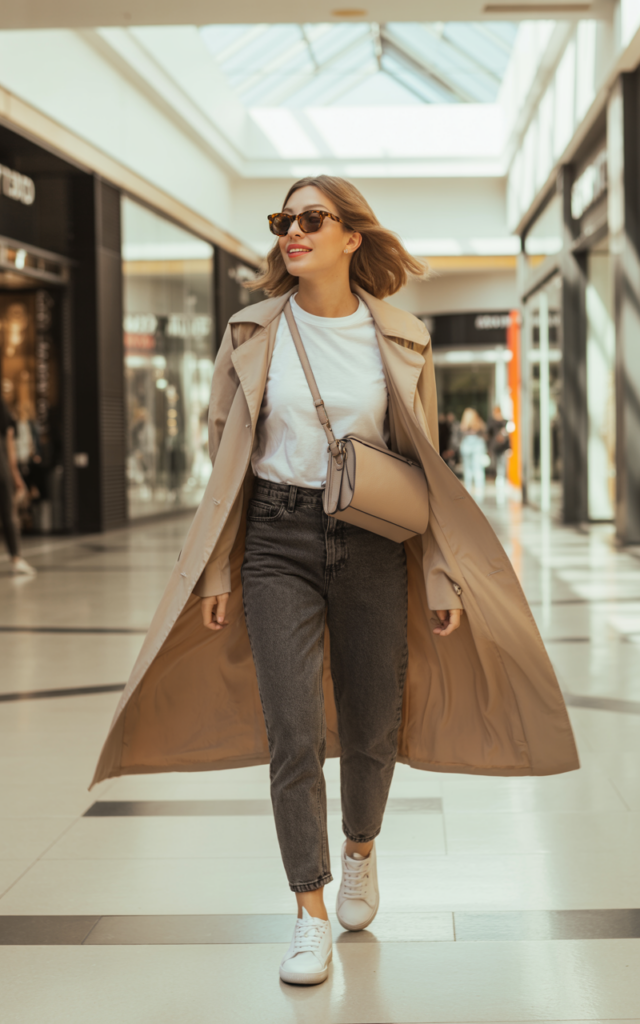 A natural-looking young beautiful woman wearing straight-leg jeans, a classic white tee, a beige lightweight trench coat, sleek white sneakers, oversized sunglasses, and a neutral crossbody bag for a polished casual mall outfit