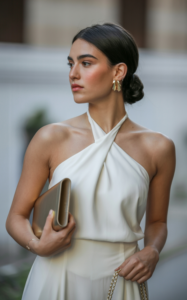 A natural-looking young beautiful woman wearing a sleek white halter dress highlighting the shoulders, statement earrings, strappy heels, and a minimal clutch, styled with a slick low bun for a polished graduation style