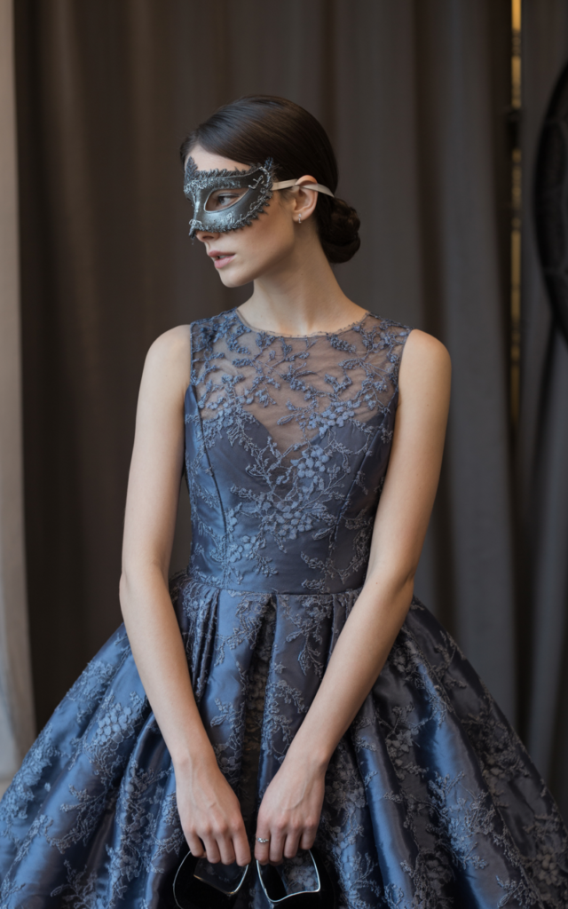A natural-looking young beautiful woman wearing a high-neck navy lace gown, a small elegant masquerade mask, a sleek low chignon hairstyle, and classic heels.