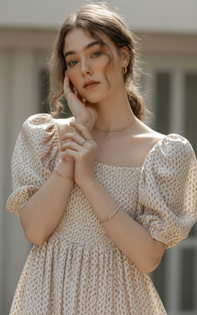 A natural-looking young beautiful woman wearing a floral puff sleeve midi dress with a fitted waist, delicate sandals, subtle jewelry, soft glowing makeup, and loose natural waves.