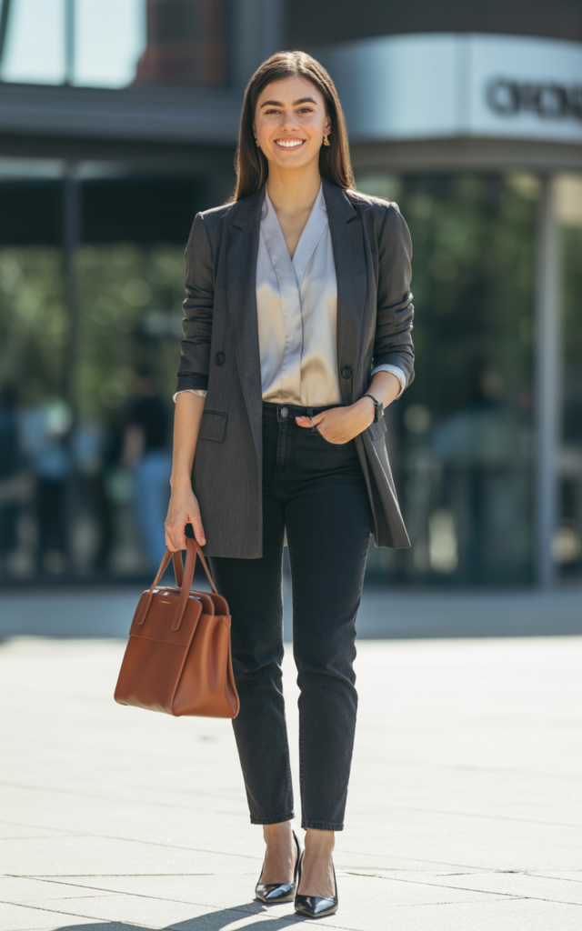 A natural-looking young beautiful woman wearing a longline blazer over a silk blouse paired with dark slim jeans without distressing, pointed flats, and a structured handbag for a smart casual career fair outfit.