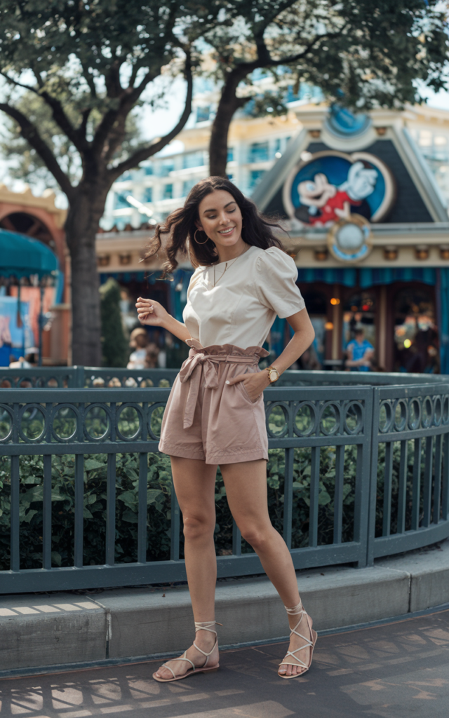 A natural-looking young beautiful woman wearing paperbag waist shorts with a fitted tucked-in breathable blouse, flat strappy sandals, simple gold jewelry, and a relaxed summer hairstyle in a Disney park.