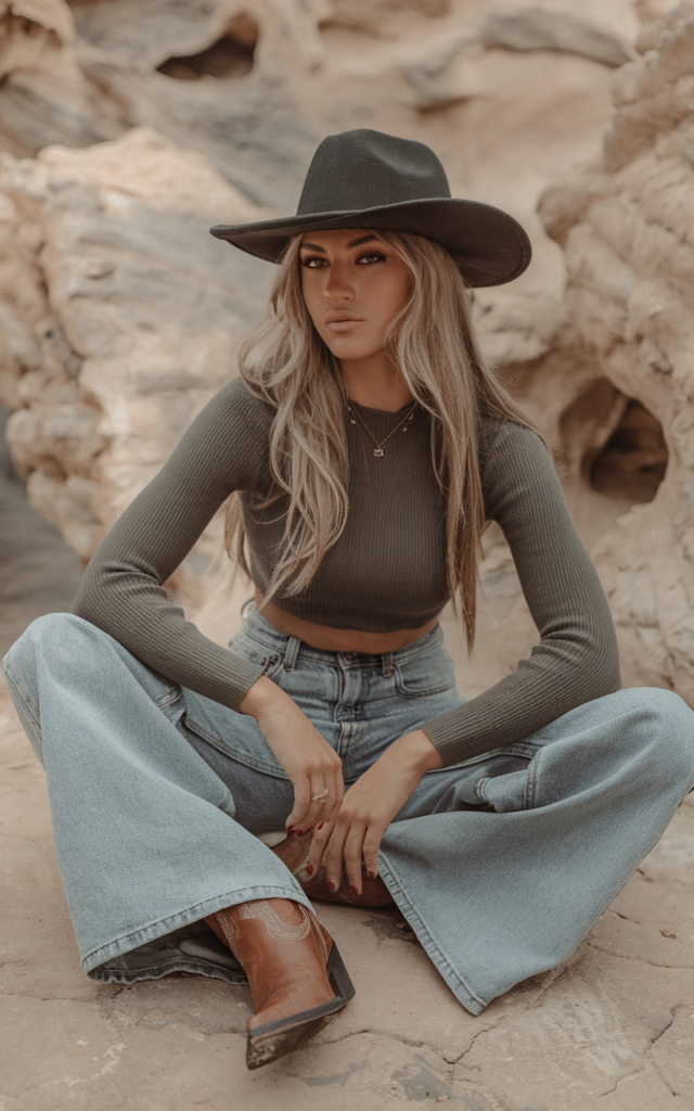 A natural-looking young beautiful woman wearing wide-leg jeans with a fitted cropped knit sweater, a structured cowboy hat, and pointed-toe boots peeking from under the hem.