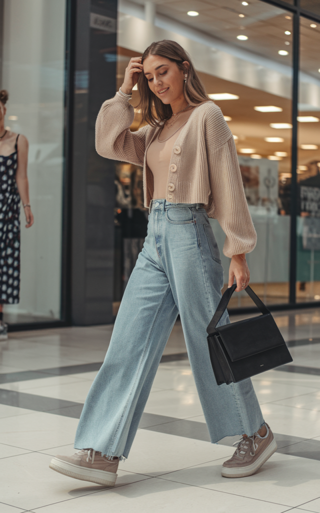 A natural-looking young beautiful woman wearing high-waisted wide-leg jeans, a soft cropped cardigan buttoned over a tank top, platform sneakers, minimal jewelry, and a structured shoulder bag for a relaxed trendy mall outfit