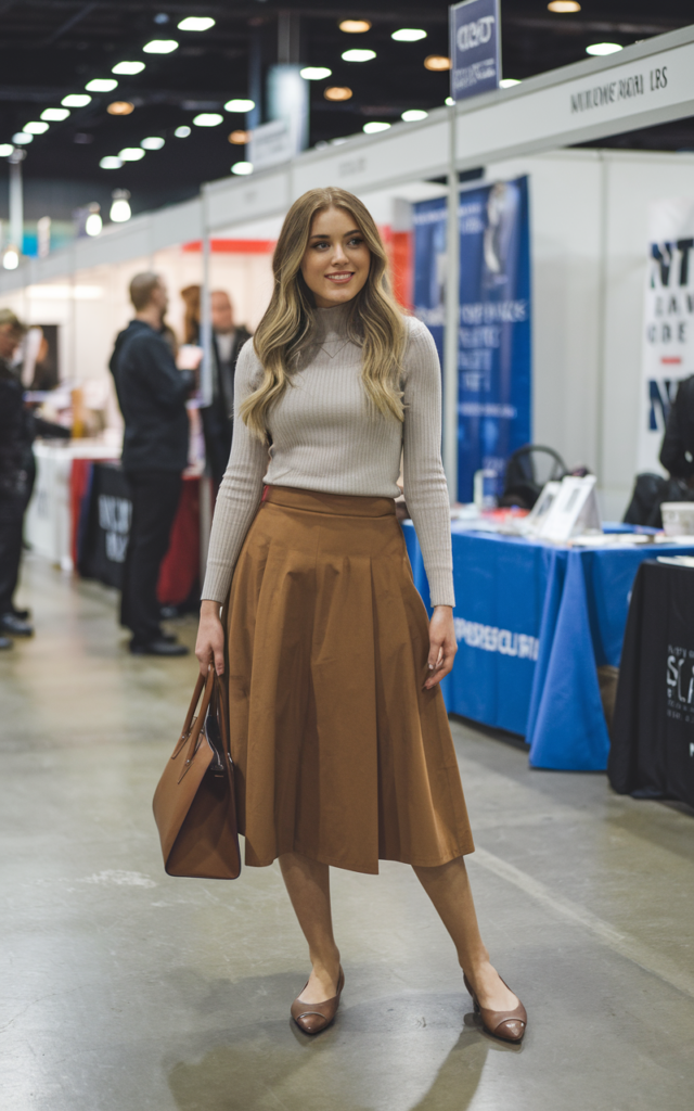 A natural-looking young beautiful woman wearing a lightweight fitted sweater tucked into a structured midi skirt, pointed-toe flats, natural makeup, and carrying a structured handbag for a cozy professional career fair look.