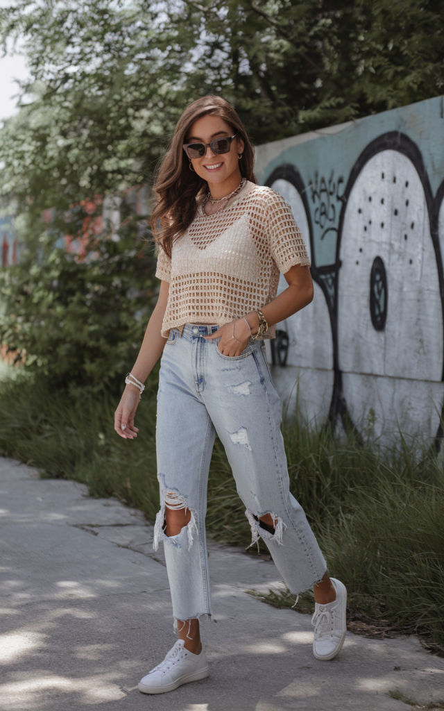 A natural-looking young beautiful woman wearing a relaxed crochet top half-tucked into distressed straight-leg jeans, classic white sneakers, layered necklaces, and oversized sunglasses.