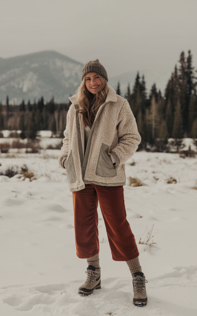 A natural-looking young beautiful woman wearing a sherpa-lined jacket with rust-colored corduroy pants layered over thermal tights, sturdy winter boots, and a cable knit beanie in a snowy landscape.