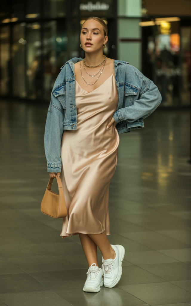 A natural-looking young beautiful woman wearing a champagne satin slip dress layered with a cropped denim jacket, chunky white sneakers, layered gold necklaces, and a small shoulder bag for a modern chic mall outfit